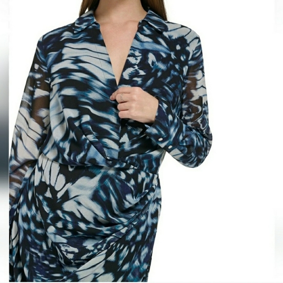 NWT Calvin Klein Sheer Long Sleeve Printed Chiffon Twist Front Dress - Picture 4 of 11